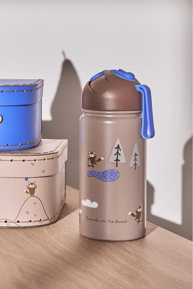 Aluminium Thermo Trinkflasche Cotton Ballon OYOY Trinken Kinder Unterwegs Outdoor Kindergarten Accessoire Design - Thermo Trinkflasche friends in the forest - Cotton Ballon | Family Concept Store - blau -
