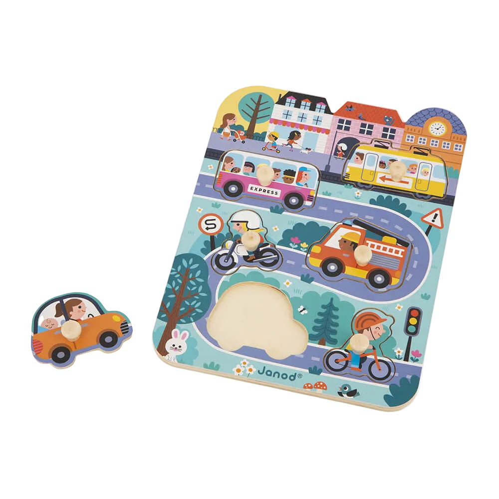 Holzsteckpuzzle in der Stadt Janod Holz Puzzle Kleinkinder Cotton Ballon Geschenk Kinder Auto Fahrrad Bus Straßenbahn Feuerwehr Motorrad - Puzzle In der Stadt - Cotton Ballon | Family Concept Store -