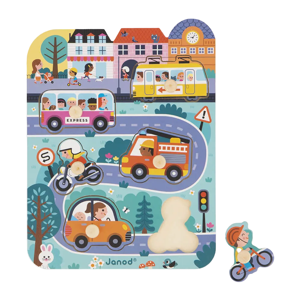 Holzsteckpuzzle in der Stadt Janod Holz Puzzle Kleinkinder Cotton Ballon Geschenk Kinder Auto Fahrrad Bus Straßenbahn Feuerwehr Motorrad - Puzzle In der Stadt - Cotton Ballon | Family Concept Store -