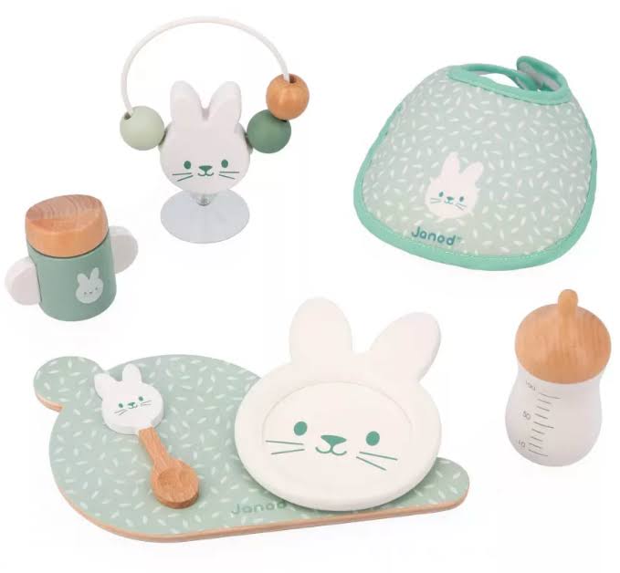 Puppen Accessoires Set Janod Cotton Ballon Kinder 2 Jahren Lieblingspuppe 7-teilige Puppenzubehör Set Holz Stoff Flasche Lätzchen Zubehör Puppe