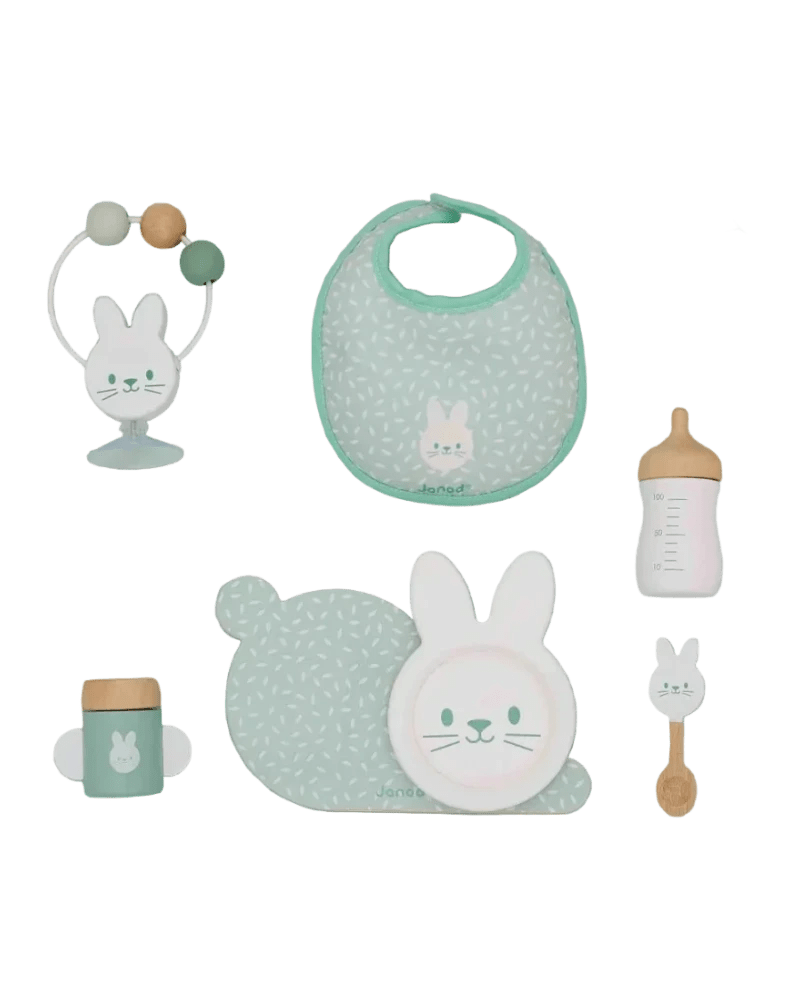 Puppen Accessoires Set Janod Cotton Ballon Kinder 2 Jahren Lieblingspuppe 7 - teilige Puppenzubehör Set Holz Stoff Flasche Lätzchen Zubehör Puppe - Puppenbaby - Set - Cotton Ballon | Family Concept Store -