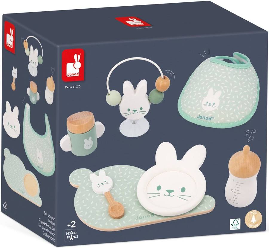 Puppen Accessoires Set Janod Cotton Ballon Kinder 2 Jahren Lieblingspuppe 7-teilige Puppenzubehör Set Holz Stoff Flasche Lätzchen Zubehör Puppe