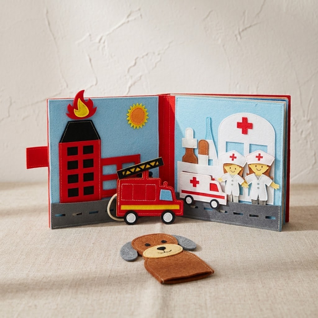 Filzbande Die Helden aufgeschlagen, Feuerwehr und Krankenhaus, davor die Hunde-Fingerpuppe