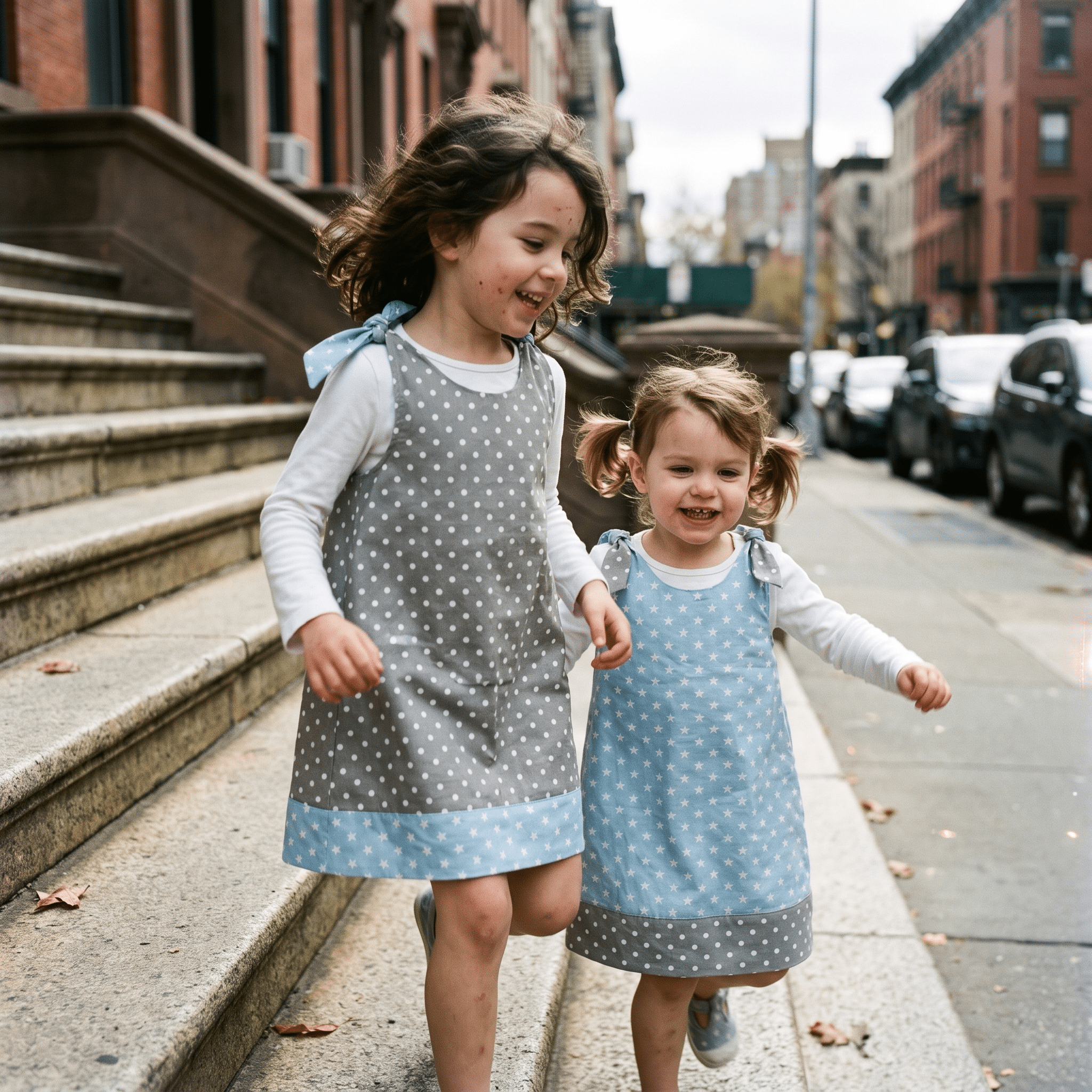 Trägerkleidchen Grau mit Punkten und Hellblau mit Sternen – Geschwister im Street-Style - Trägerkleidchen - Kleid für Mädchen, Schwestern & Zwillinge - Cotton Ballon | Family Concept Store - dunkelblau - Sterne - 80-92 - Kleid