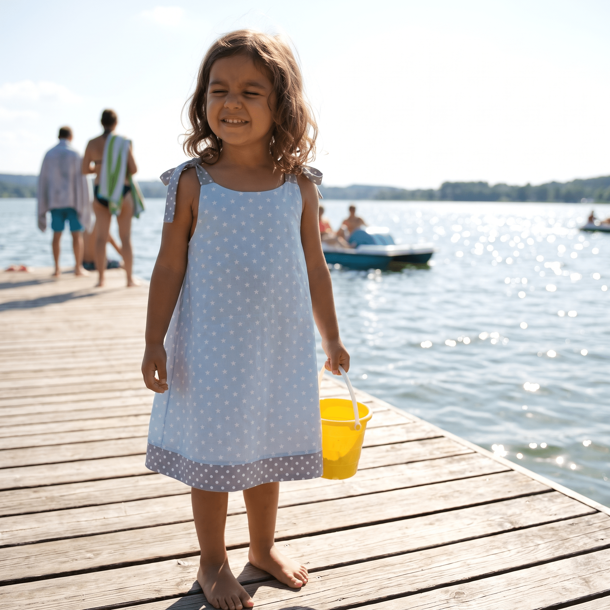 Trägerkleidchen Hellblau mit Sternen – Mädchen am See - Trägerkleidchen - Kleid für Mädchen, Schwestern & Zwillinge - Cotton Ballon - dunkelblau - Sterne - 80-92 - Kleid
