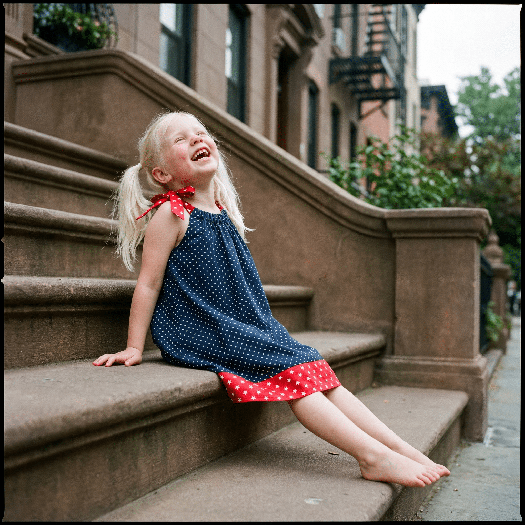 Trägerkleidchen Dunkelblau mit Punkten – Mädchen auf der Treppe - Trägerkleidchen - Kleid für Mädchen, Schwestern & Zwillinge - Cotton Ballon | Family Concept Store - dunkelblau - Punkte - 80-92 - Kleid