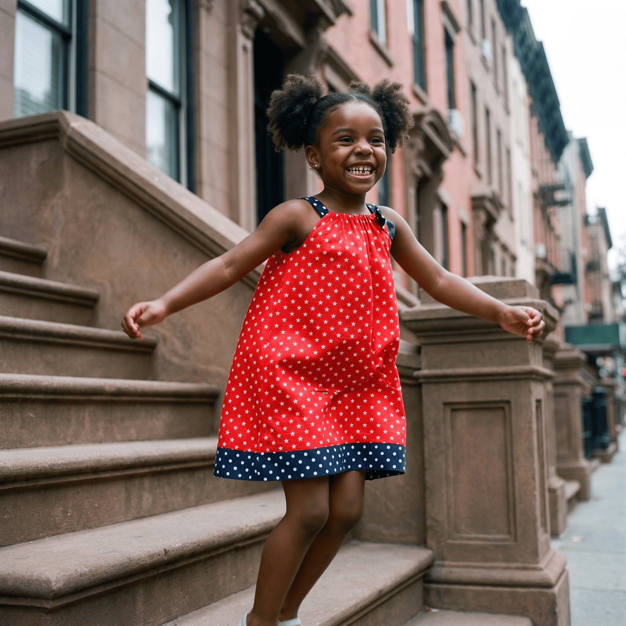 Trägerkleidchen Rot mit Sternen – Mädchen springt auf der Treppe - Trägerkleidchen - Kleid für Mädchen, Schwestern & Zwillinge - Cotton Ballon - Rot - Sterne - 80-92 - Kleid