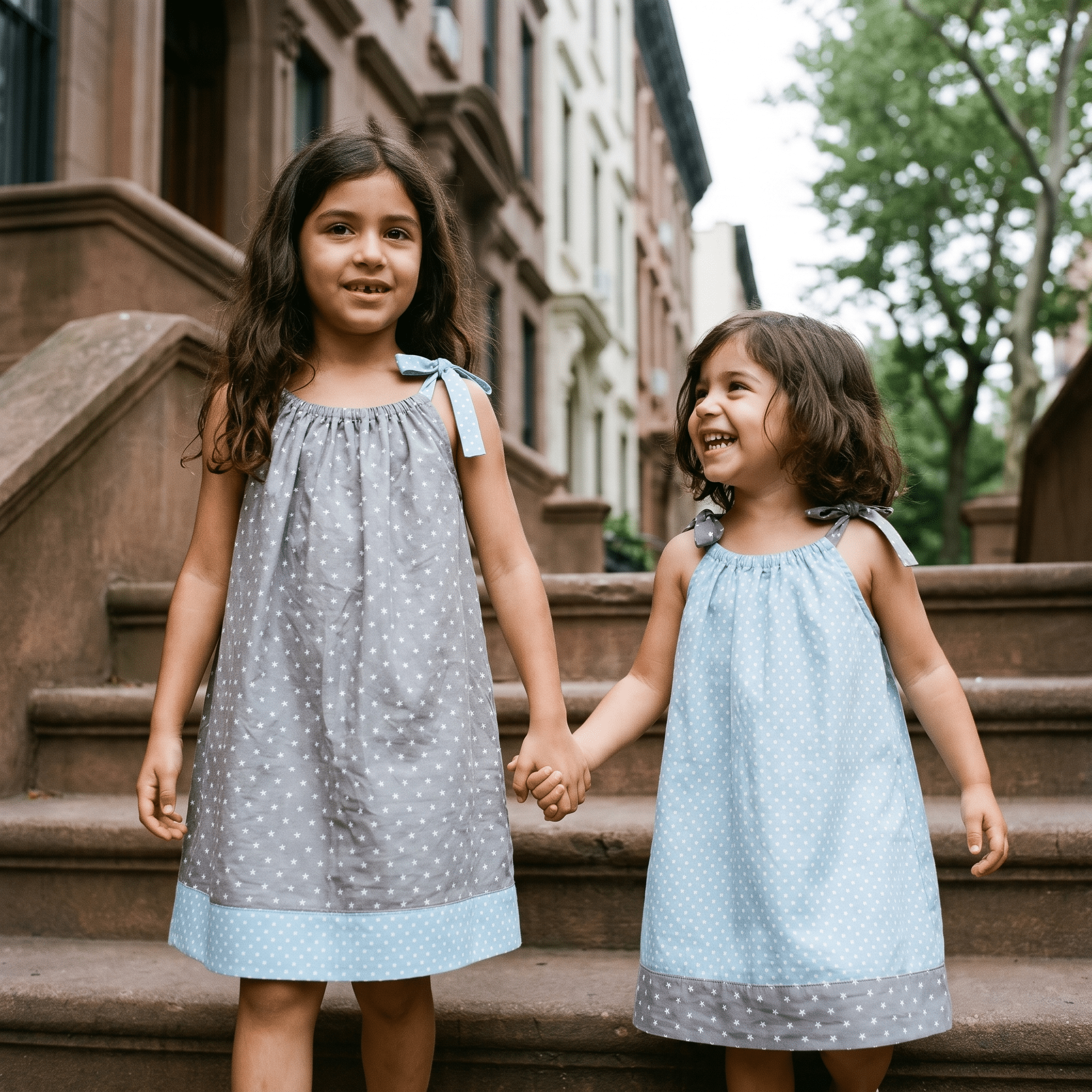 Trägerkleidchen – zwei Schwestern in Grau mit Sternen und Hellblau mit Punkten - Trägerkleidchen - Kleid für Mädchen, Schwestern & Zwillinge - Cotton Ballon | Family Concept Store - Grau - Sterne - 80-92 - Kleid