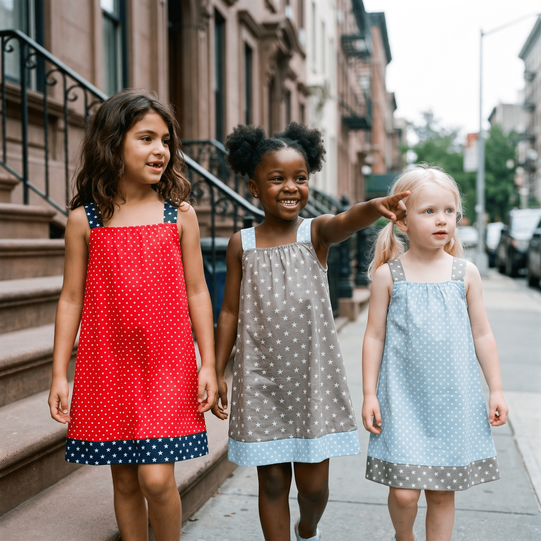 Trägerkleidchen – drei Mädchen im Partnerlook auf dem Gehweg - Trägerkleidchen - Kleid für Mädchen, Schwestern & Zwillinge - Cotton Ballon - hellblau - Punkte - 80-92 - Kleid