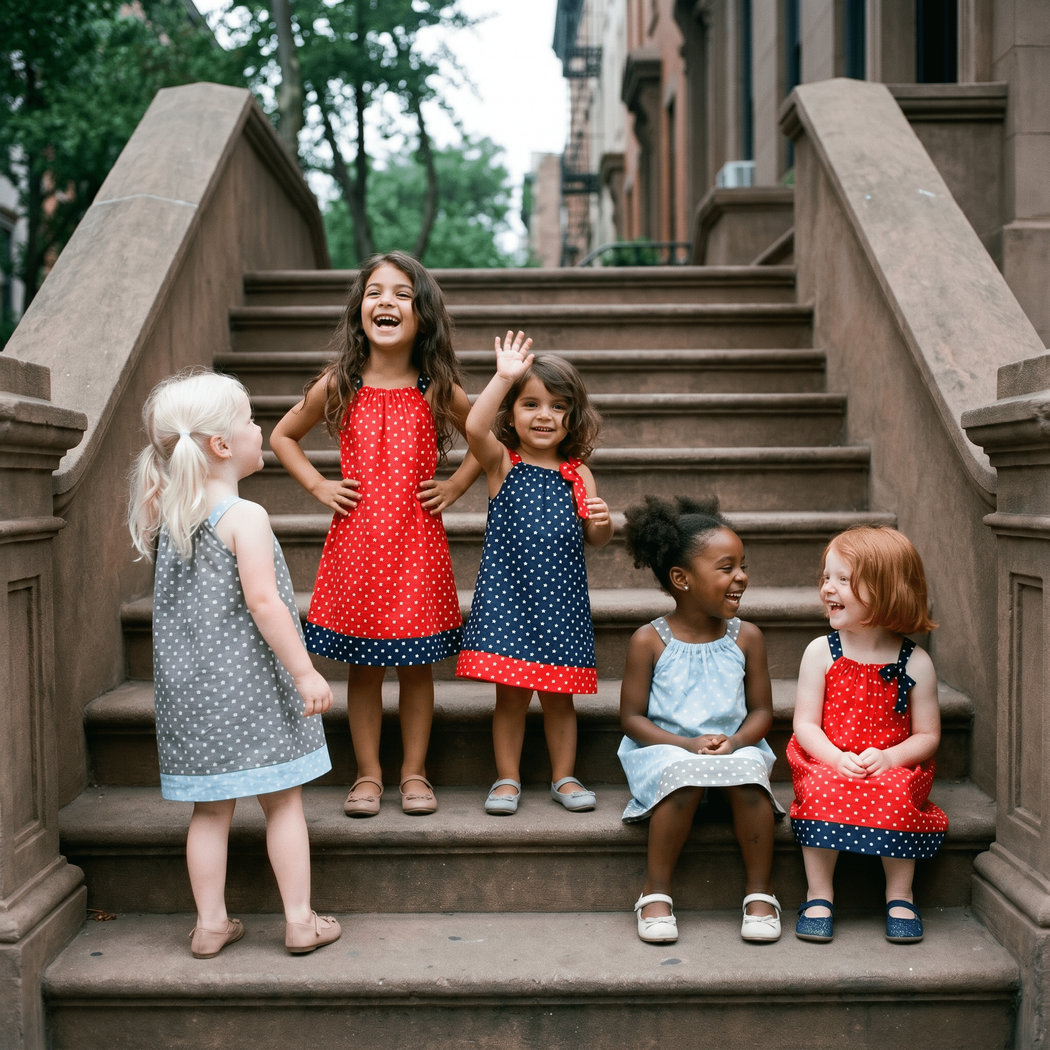 Trägerkleidchen – fünf Mädchen im Partnerlook auf einer Stadttreppe - Trägerkleidchen - Kleid für Mädchen, Schwestern & Zwillinge - Cotton Ballon | Family Concept Store - Grau - Punkte - 80-92 - Kleid