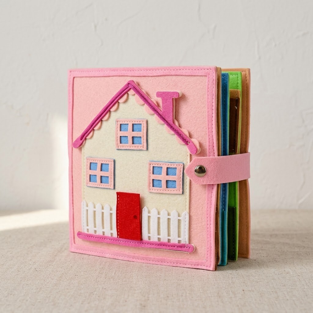 Filzbande Traumhaus in Rosa, Filzbuch als Haus mit Gartenzaun und Tragegriff