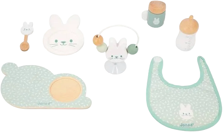 Puppen Accessoires Set Janod Cotton Ballon Kinder 2 Jahren Lieblingspuppe 7-teilige Puppenzubehör Set Holz Stoff Flasche Lätzchen Zubehör Puppe