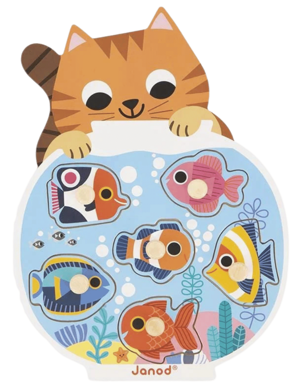 puzzle für kinder aus holz mit katze und aquarium