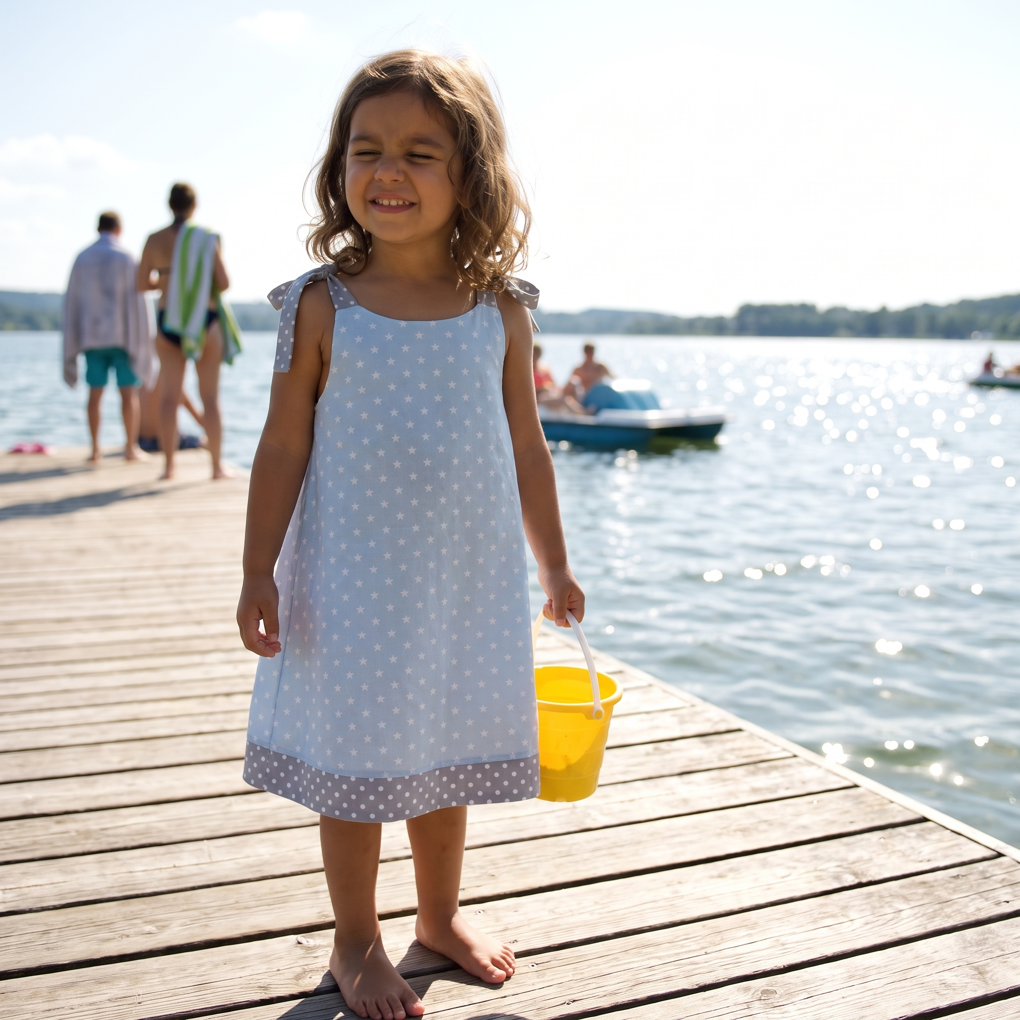 Trägerkleidchen Hellblau mit Sternen – Mädchen am See